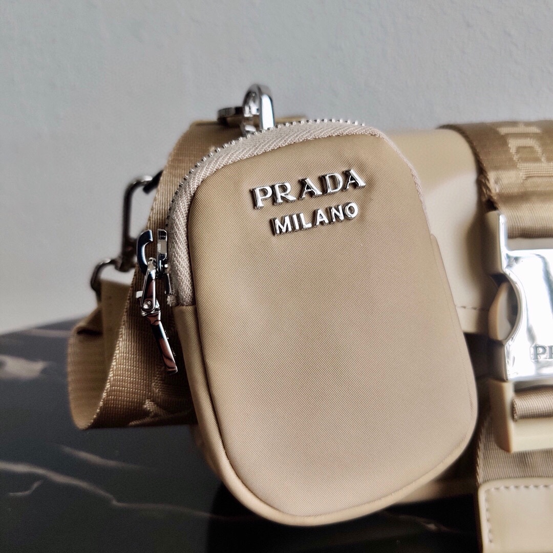 Prada Re Nylon And Leather Shoulder Bag Handbag Sand Beige 1BD295